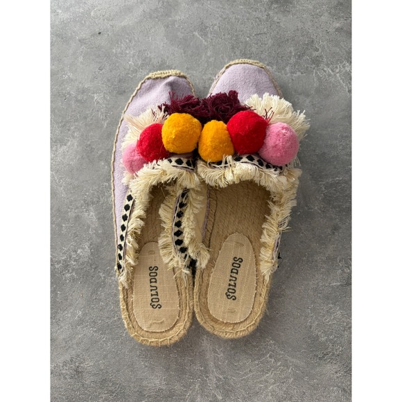Soludos Shoes - Soludos Womens Pom Pom Tassel Espadrille Mules Lilac Purple Canvas Flats Size 8